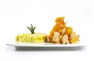 Pollo con naranja y membrillo y soufflé de poro